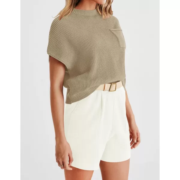 imageZESICA Womens 2 Piece Outfits Sweater Set Short Sleeve Mock Neck Knit Pullover Top and Shorts Tracksuit Lounge SetsSand