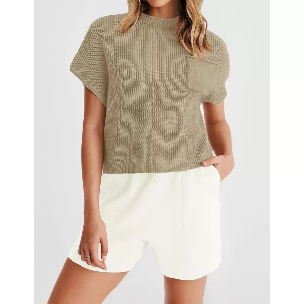 imageZESICA Womens 2 Piece Outfits Sweater Set Short Sleeve Mock Neck Knit Pullover Top and Shorts Tracksuit Lounge SetsSand