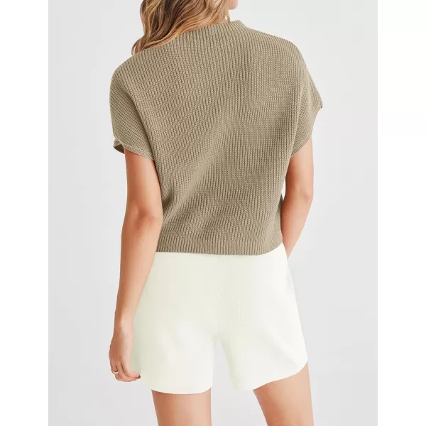 imageZESICA Womens 2 Piece Outfits Sweater Set Short Sleeve Mock Neck Knit Pullover Top and Shorts Tracksuit Lounge SetsSand
