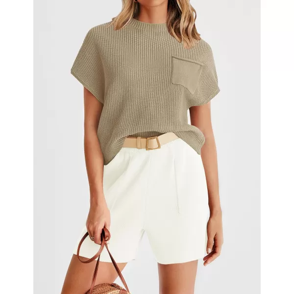 imageZESICA Womens 2 Piece Outfits Sweater Set Short Sleeve Mock Neck Knit Pullover Top and Shorts Tracksuit Lounge SetsSand