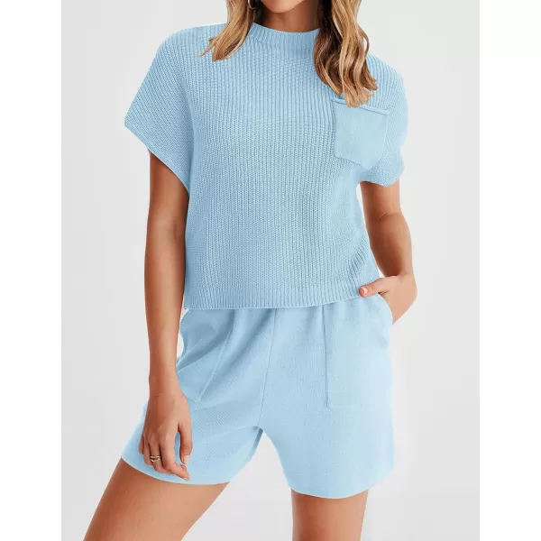 imageZESICA Womens 2 Piece Outfits Sweater Set Short Sleeve Mock Neck Knit Pullover Top and Shorts Tracksuit Lounge SetsSky