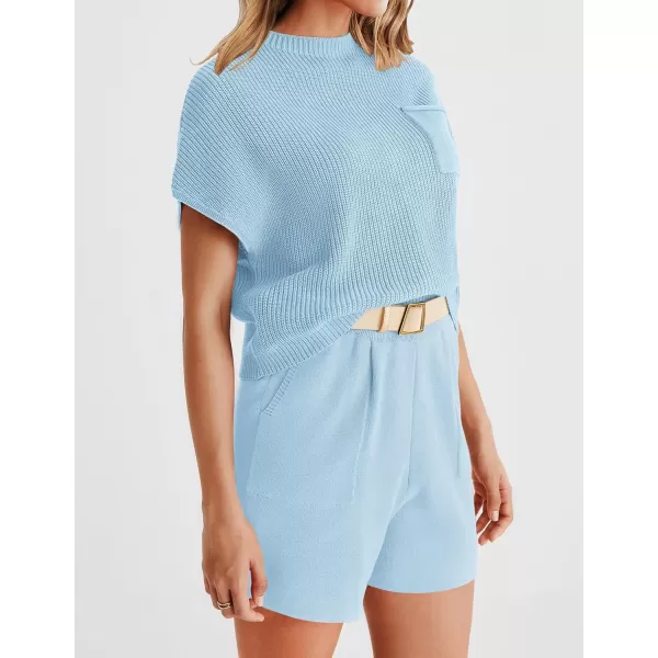 imageZESICA Womens 2 Piece Outfits Sweater Set Short Sleeve Mock Neck Knit Pullover Top and Shorts Tracksuit Lounge SetsSky