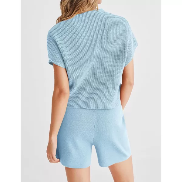 imageZESICA Womens 2 Piece Outfits Sweater Set Short Sleeve Mock Neck Knit Pullover Top and Shorts Tracksuit Lounge SetsSky