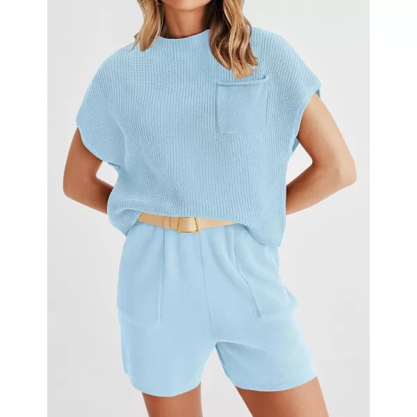 imageZESICA Womens 2 Piece Outfits Sweater Set Short Sleeve Mock Neck Knit Pullover Top and Shorts Tracksuit Lounge SetsSky