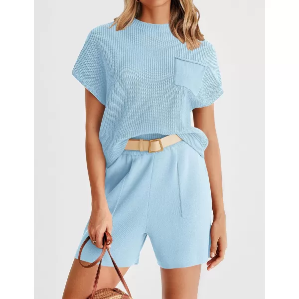 imageZESICA Womens 2 Piece Outfits Sweater Set Short Sleeve Mock Neck Knit Pullover Top and Shorts Tracksuit Lounge SetsSky