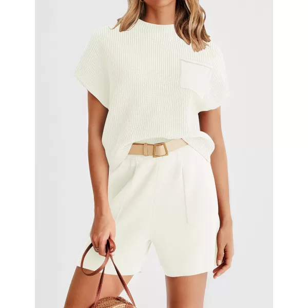 imageZESICA Womens 2 Piece Outfits Sweater Set Short Sleeve Mock Neck Knit Pullover Top and Shorts Tracksuit Lounge SetsWhite