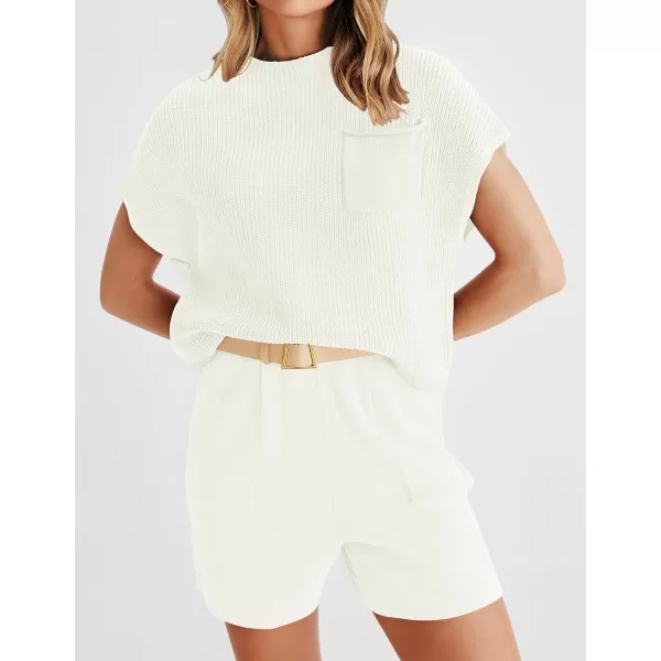 imageZESICA Womens 2 Piece Outfits Sweater Set Short Sleeve Mock Neck Knit Pullover Top and Shorts Tracksuit Lounge SetsWhite