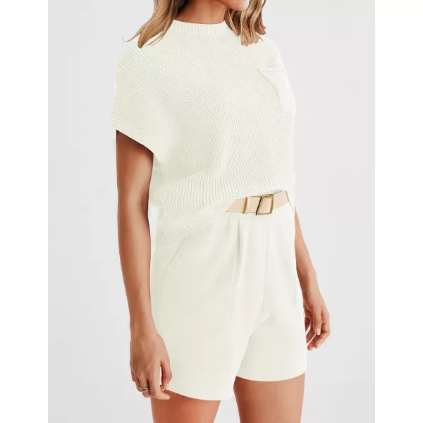 imageZESICA Womens 2 Piece Outfits Sweater Set Short Sleeve Mock Neck Knit Pullover Top and Shorts Tracksuit Lounge SetsWhite