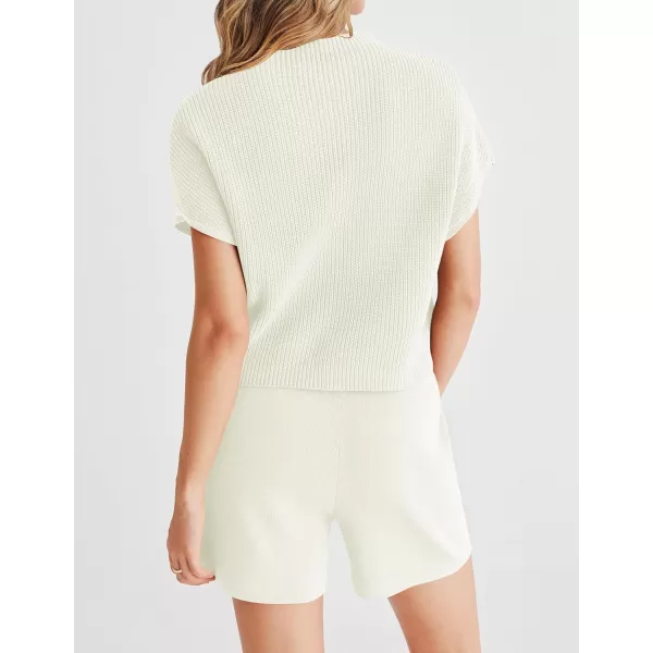 imageZESICA Womens 2 Piece Outfits Sweater Set Short Sleeve Mock Neck Knit Pullover Top and Shorts Tracksuit Lounge SetsWhite