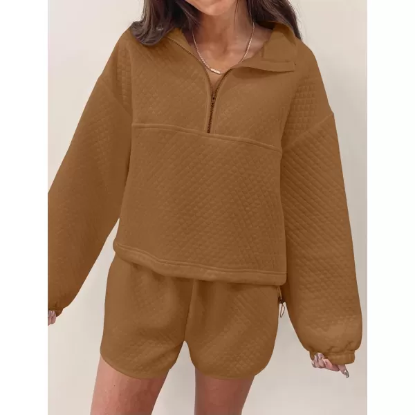 imageZESICA Womens 2 Piece Outfits Sweatsuit Set Oversized Y2k Zipper Hoodie Sweatshirt and Shorts Tracksuit Lounge SetsBrown