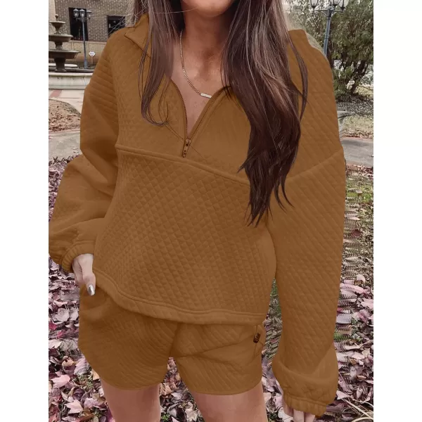 imageZESICA Womens 2 Piece Outfits Sweatsuit Set Oversized Y2k Zipper Hoodie Sweatshirt and Shorts Tracksuit Lounge SetsBrown