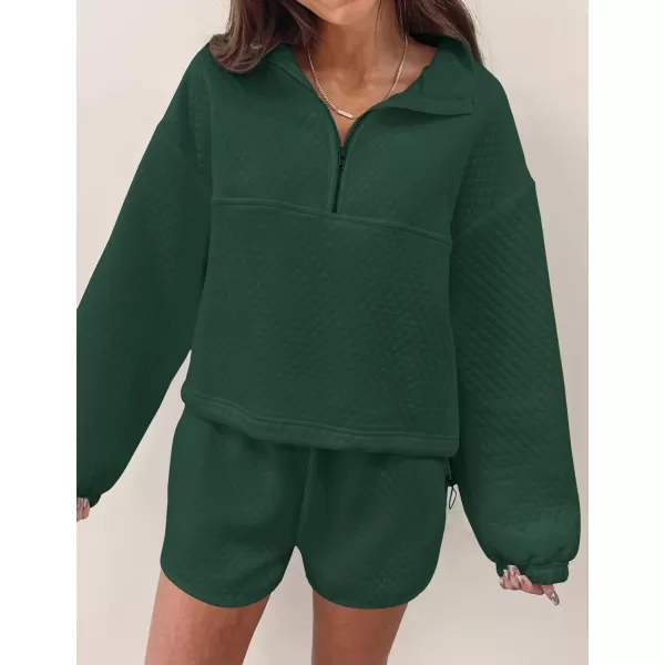 imageZESICA Womens 2 Piece Outfits Sweatsuit Set Oversized Y2k Zipper Hoodie Sweatshirt and Shorts Tracksuit Lounge SetsDarkgreen