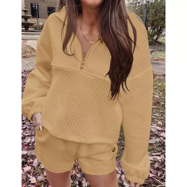 imageZESICA Womens 2 Piece Outfits Sweatsuit Set Oversized Y2k Zipper Hoodie Sweatshirt and Shorts Tracksuit Lounge SetsKhaki
