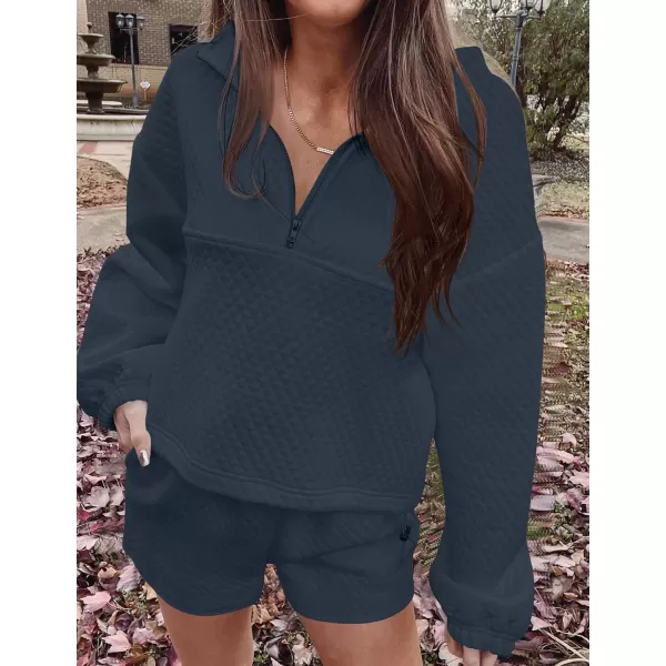 imageZESICA Womens 2 Piece Outfits Sweatsuit Set Oversized Y2k Zipper Hoodie Sweatshirt and Shorts Tracksuit Lounge SetsNavy