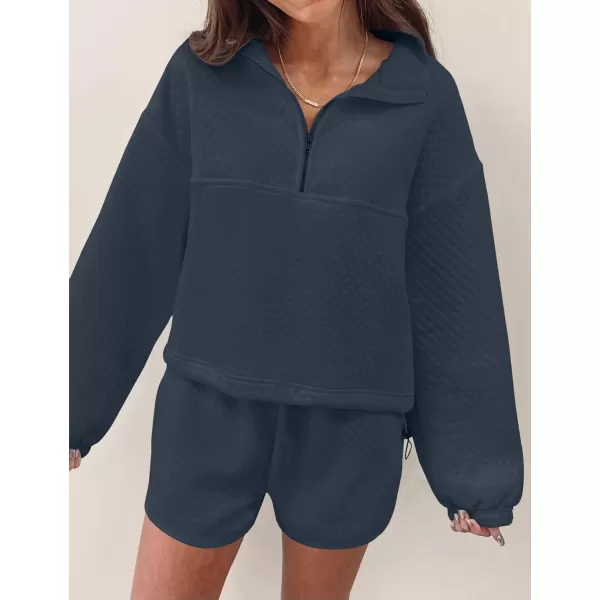 imageZESICA Womens 2 Piece Outfits Sweatsuit Set Oversized Y2k Zipper Hoodie Sweatshirt and Shorts Tracksuit Lounge SetsNavy