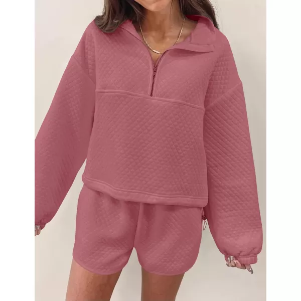 imageZESICA Womens 2 Piece Outfits Sweatsuit Set Oversized Y2k Zipper Hoodie Sweatshirt and Shorts Tracksuit Lounge SetsRose