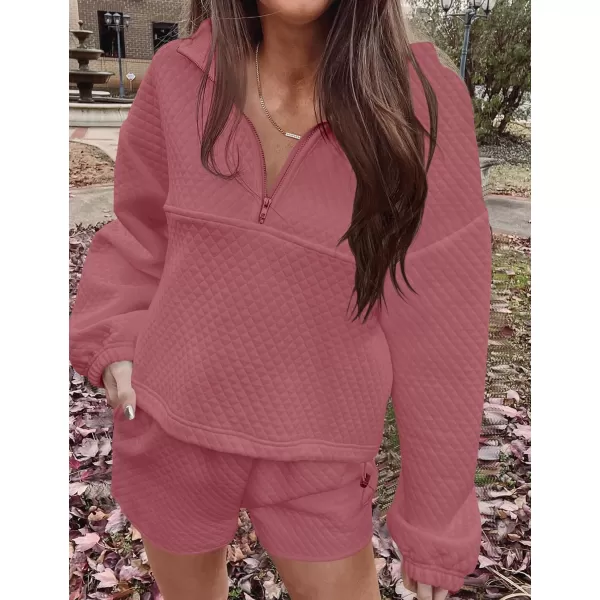 imageZESICA Womens 2 Piece Outfits Sweatsuit Set Oversized Y2k Zipper Hoodie Sweatshirt and Shorts Tracksuit Lounge SetsRose