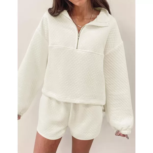 imageZESICA Womens 2 Piece Outfits Sweatsuit Set Oversized Y2k Zipper Hoodie Sweatshirt and Shorts Tracksuit Lounge SetsWhite