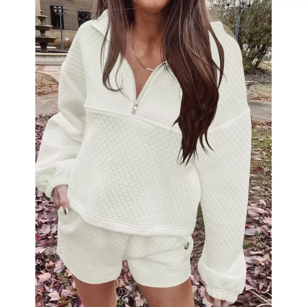 imageZESICA Womens 2 Piece Outfits Sweatsuit Set Oversized Y2k Zipper Hoodie Sweatshirt and Shorts Tracksuit Lounge SetsWhite