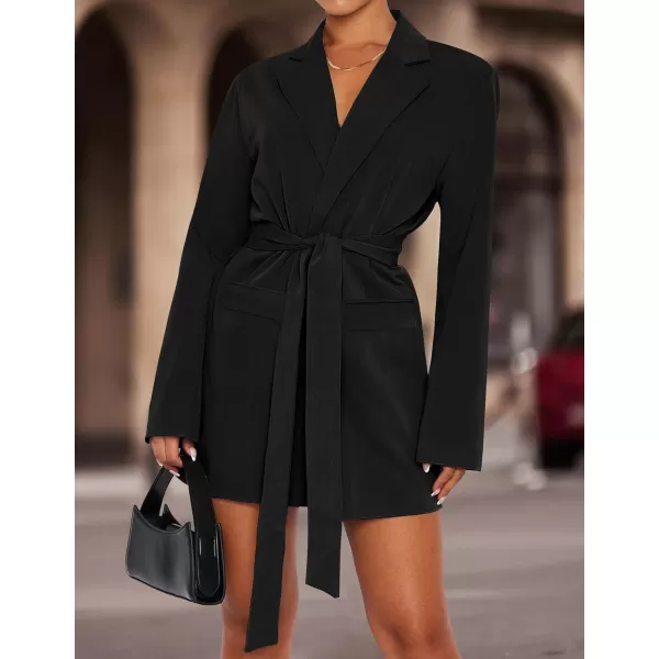 imageZESICA Womens 2023 Blazers Long Sleeve Lapel Open Front Oversized Business Work Office Jackets Blazer with BeltBlack