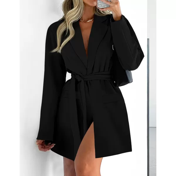 imageZESICA Womens 2023 Blazers Long Sleeve Lapel Open Front Oversized Business Work Office Jackets Blazer with BeltBlack