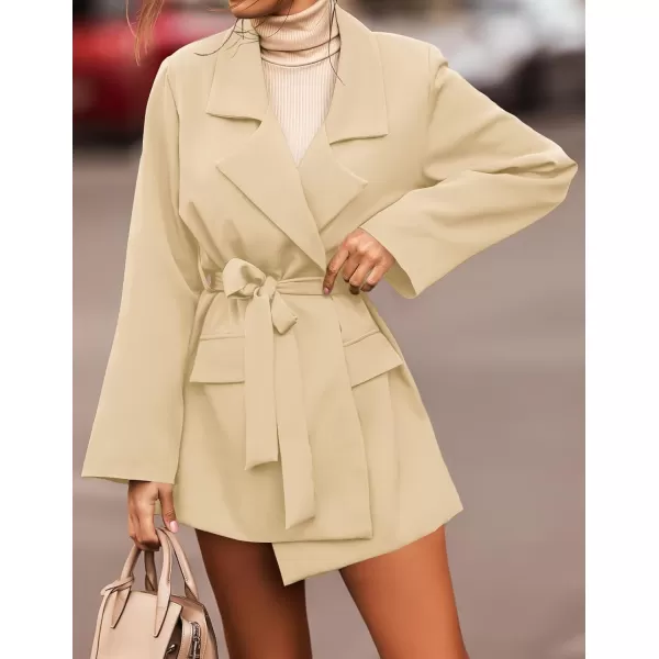 imageZESICA Womens 2023 Blazers Long Sleeve Lapel Open Front Oversized Business Work Office Jackets Blazer with BeltKhaki