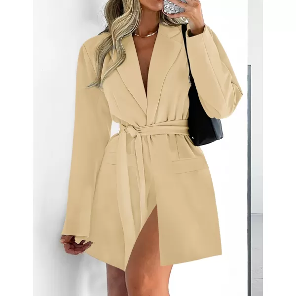 imageZESICA Womens 2023 Blazers Long Sleeve Lapel Open Front Oversized Business Work Office Jackets Blazer with BeltKhaki