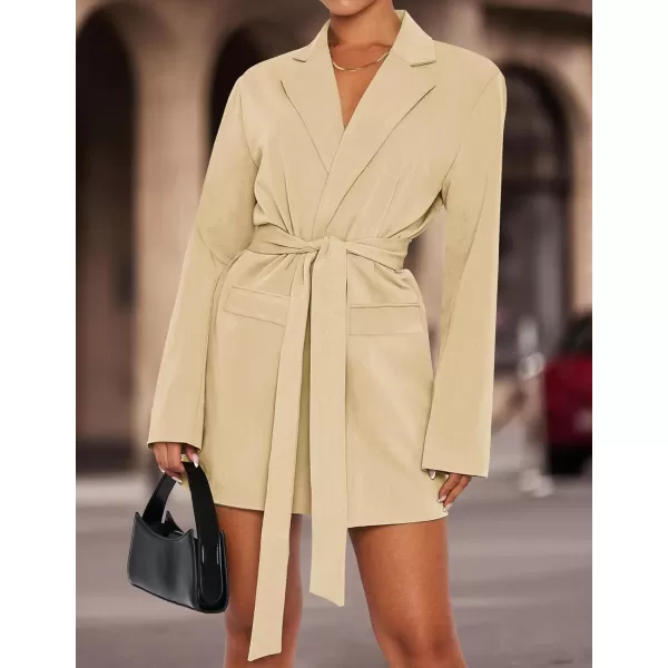 imageZESICA Womens 2023 Blazers Long Sleeve Lapel Open Front Oversized Business Work Office Jackets Blazer with BeltKhaki