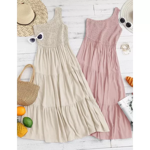 imageZESICA Womens 2023 Bohemian Summer Floral Print One Shoulder Sleeveless Smocked Ruffle Tiered Beach Long Midi DressBeige