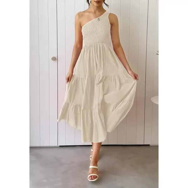 imageZESICA Womens 2023 Bohemian Summer Floral Print One Shoulder Sleeveless Smocked Ruffle Tiered Beach Long Midi DressBeige