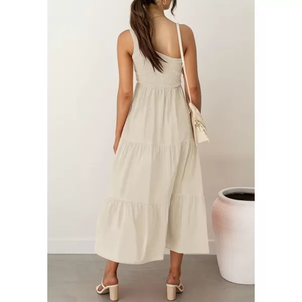 imageZESICA Womens 2023 Bohemian Summer Floral Print One Shoulder Sleeveless Smocked Ruffle Tiered Beach Long Midi DressBeige