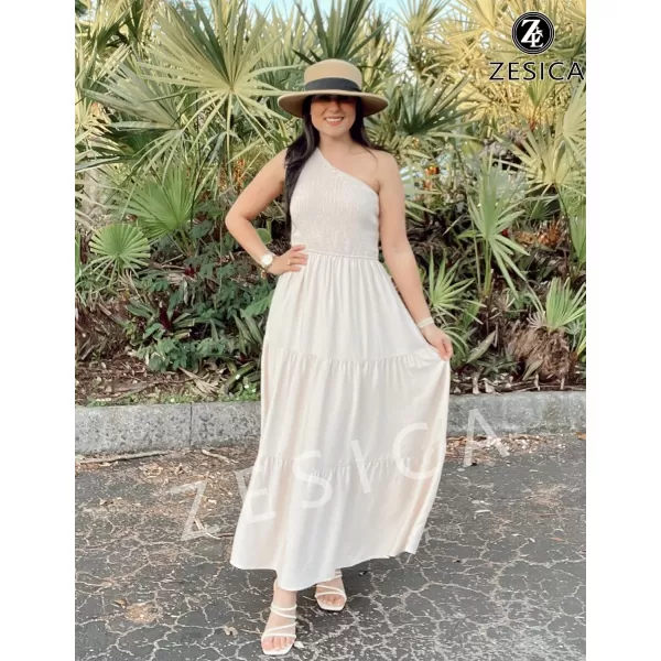 imageZESICA Womens 2023 Bohemian Summer Floral Print One Shoulder Sleeveless Smocked Ruffle Tiered Beach Long Midi DressBeige