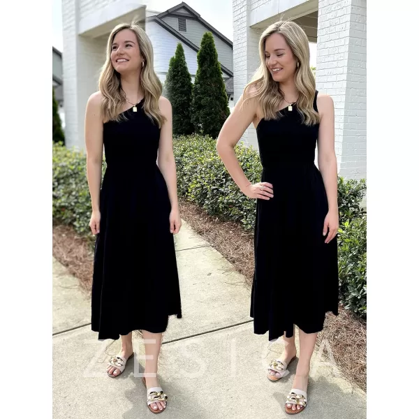 imageZESICA Womens 2023 Bohemian Summer Floral Print One Shoulder Sleeveless Smocked Ruffle Tiered Beach Long Midi DressBlack