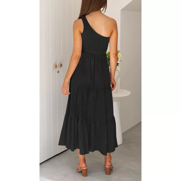 imageZESICA Womens 2023 Bohemian Summer Floral Print One Shoulder Sleeveless Smocked Ruffle Tiered Beach Long Midi DressBlack