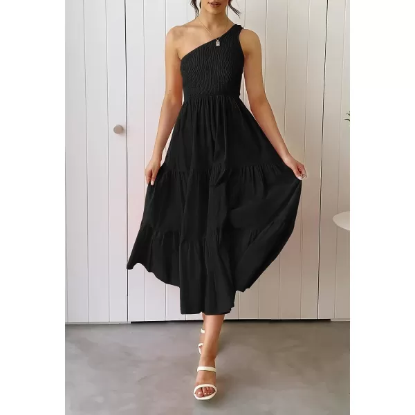 imageZESICA Womens 2023 Bohemian Summer Floral Print One Shoulder Sleeveless Smocked Ruffle Tiered Beach Long Midi DressBlack