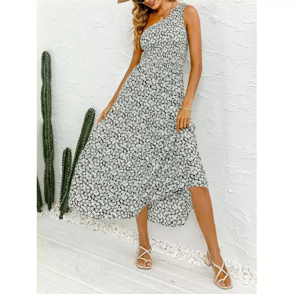 imageZESICA Womens 2023 Bohemian Summer Floral Print One Shoulder Sleeveless Smocked Ruffle Tiered Beach Long Midi DressBlackwhite