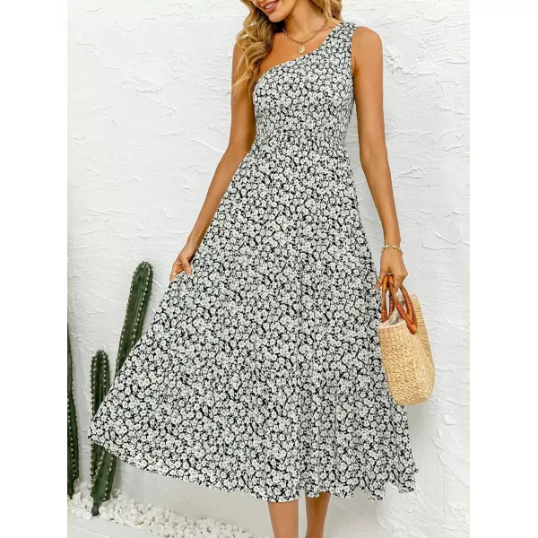 imageZESICA Womens 2023 Bohemian Summer Floral Print One Shoulder Sleeveless Smocked Ruffle Tiered Beach Long Midi DressBlackwhite