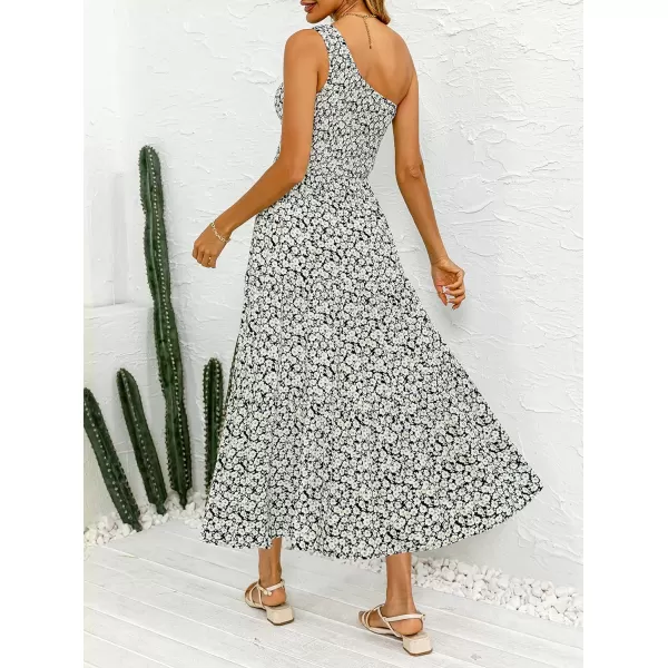 imageZESICA Womens 2023 Bohemian Summer Floral Print One Shoulder Sleeveless Smocked Ruffle Tiered Beach Long Midi DressBlackwhite
