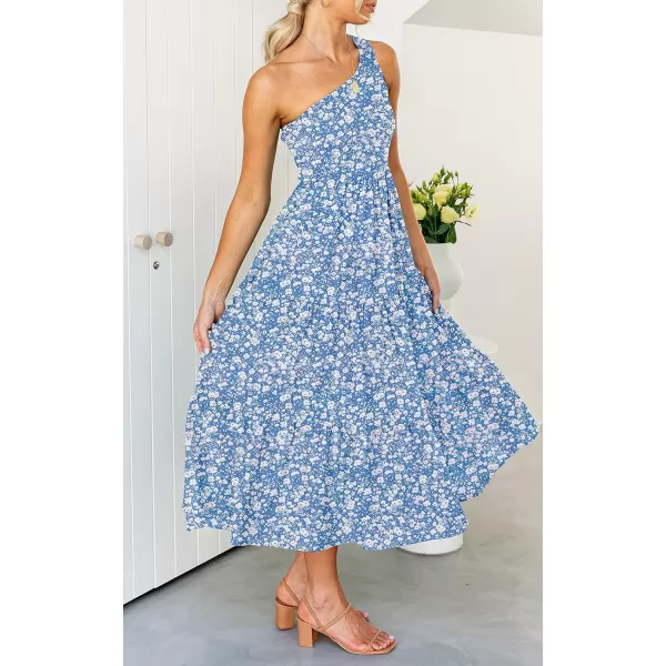imageZESICA Womens 2023 Bohemian Summer Floral Print One Shoulder Sleeveless Smocked Ruffle Tiered Beach Long Midi DressBlue