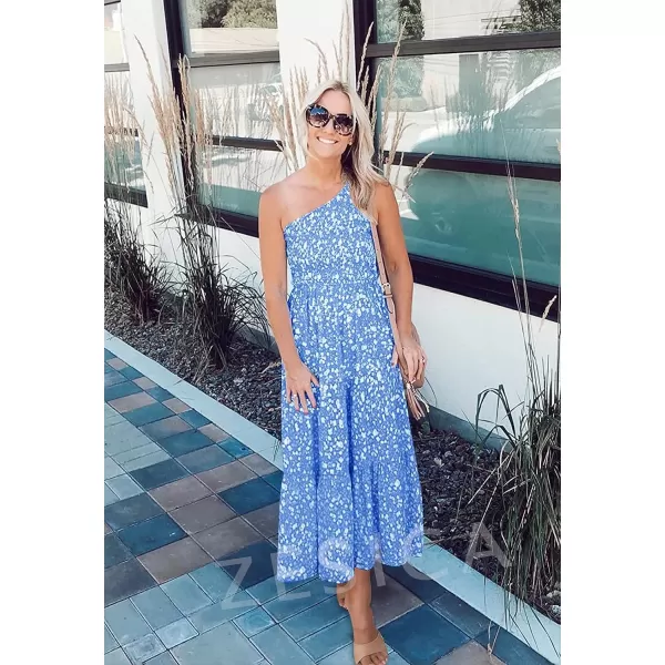 imageZESICA Womens 2023 Bohemian Summer Floral Print One Shoulder Sleeveless Smocked Ruffle Tiered Beach Long Midi DressBlue