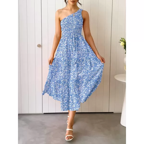 imageZESICA Womens 2023 Bohemian Summer Floral Print One Shoulder Sleeveless Smocked Ruffle Tiered Beach Long Midi DressBlue