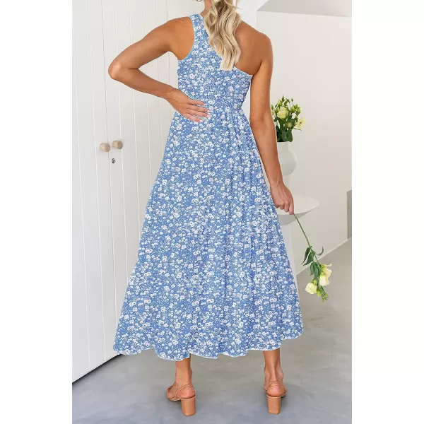 imageZESICA Womens 2023 Bohemian Summer Floral Print One Shoulder Sleeveless Smocked Ruffle Tiered Beach Long Midi DressBlue