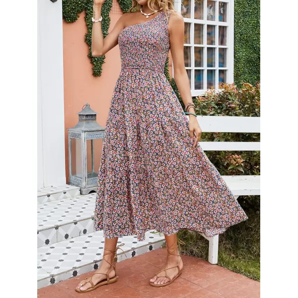 imageZESICA Womens 2023 Bohemian Summer Floral Print One Shoulder Sleeveless Smocked Ruffle Tiered Beach Long Midi DressBluepink