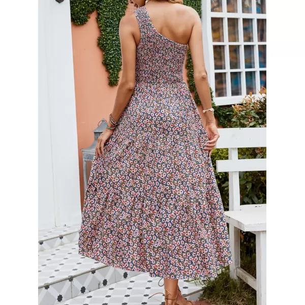 imageZESICA Womens 2023 Bohemian Summer Floral Print One Shoulder Sleeveless Smocked Ruffle Tiered Beach Long Midi DressBluepink