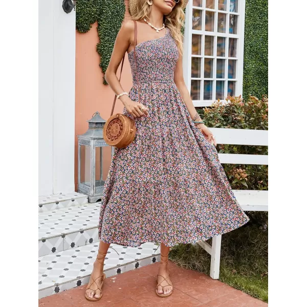 imageZESICA Womens 2023 Bohemian Summer Floral Print One Shoulder Sleeveless Smocked Ruffle Tiered Beach Long Midi DressBluepink