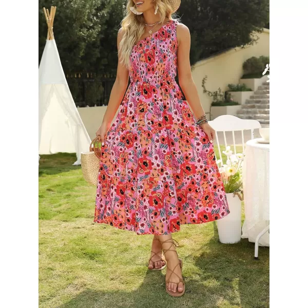 imageZESICA Womens 2023 Bohemian Summer Floral Print One Shoulder Sleeveless Smocked Ruffle Tiered Beach Long Midi DressBrightpink