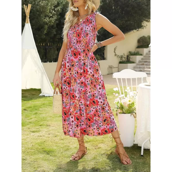 imageZESICA Womens 2023 Bohemian Summer Floral Print One Shoulder Sleeveless Smocked Ruffle Tiered Beach Long Midi DressBrightpink