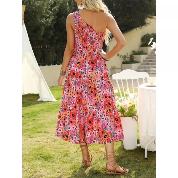 imageZESICA Womens 2023 Bohemian Summer Floral Print One Shoulder Sleeveless Smocked Ruffle Tiered Beach Long Midi DressBrightpink