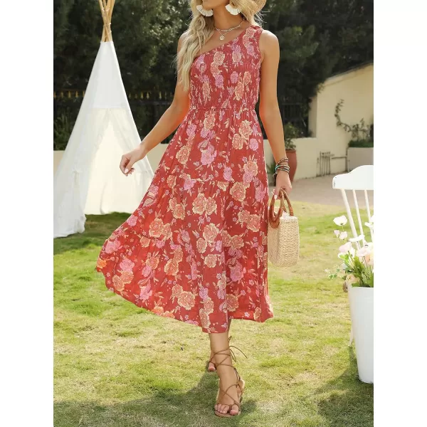 imageZESICA Womens 2023 Bohemian Summer Floral Print One Shoulder Sleeveless Smocked Ruffle Tiered Beach Long Midi DressBurntbrick