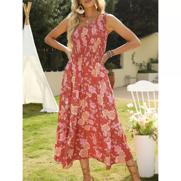 imageZESICA Womens 2023 Bohemian Summer Floral Print One Shoulder Sleeveless Smocked Ruffle Tiered Beach Long Midi DressBurntbrick